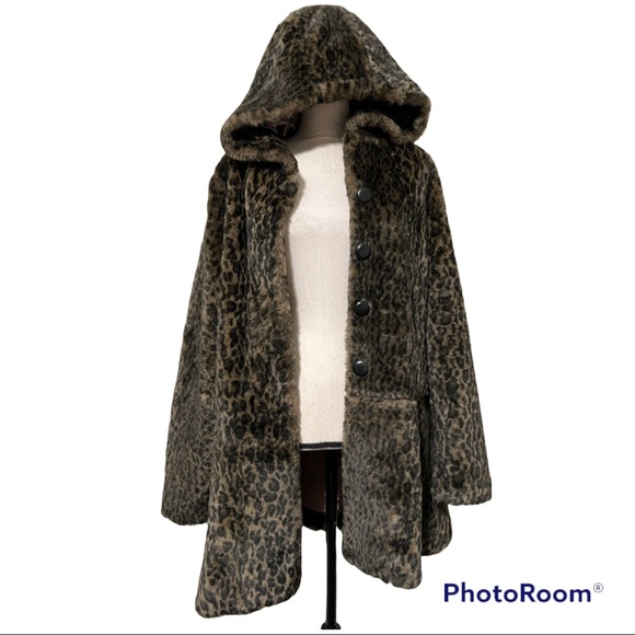 Free People large About Town Hooded faux fur leopard print coat jacket flaws - Picture 2 of 16